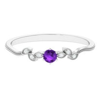 Amethyst Promise Ring with Diamond for Women, Beaded Leaf Ring - AAA Grade, 925 Sterling Silver, US 4.00