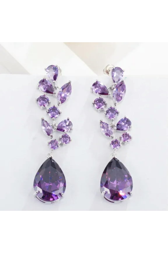 Amethyst Purple CZ Big Long Drop Flower Leaf Love Heart Earrings for Brides Gift