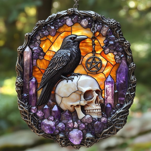 Amethyst Raven & Skull Acrylic Suncatcher - Gothic Sunburst Faux Stained Glass Window Hanging With Crystals And Stars