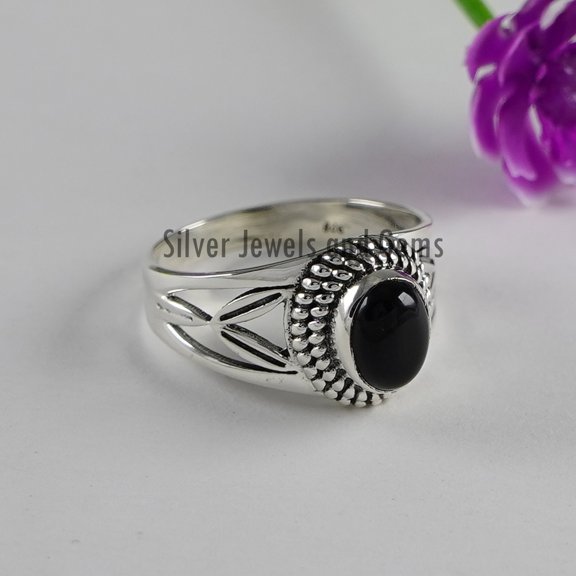 Black Onyx Sterling Silver Ring, Handmade Boho Gemstone Ring