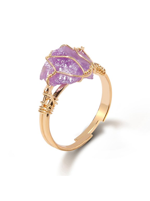 Amethyst Rings for Women 14k Gold Plated Adjustable Raw Amethyst Ring Gold Natural Stone Ring