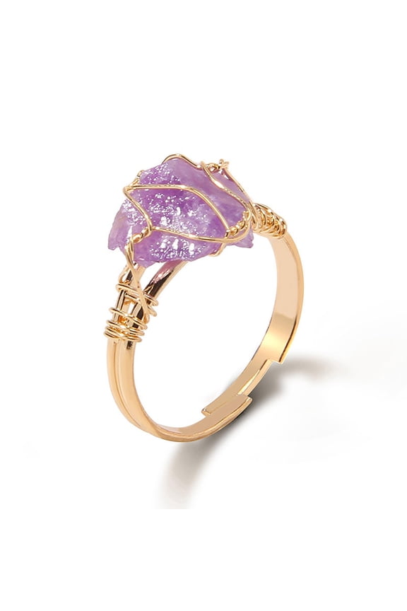 Amethyst Rings for Women 14k Gold Plated Adjustable Raw Amethyst Ring Gold Natural Stone Ring