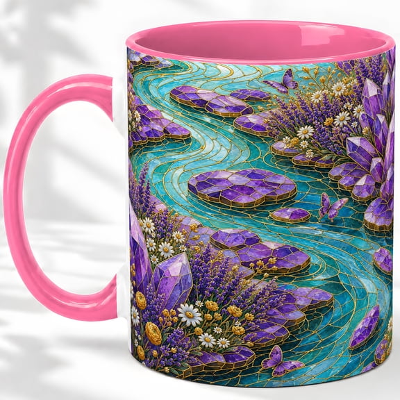 Amethyst River Coffee Mug, Floral Crystal Art, Calm Daily Tea Sips at Home