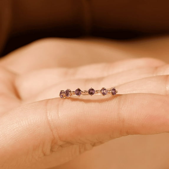 Amethyst Rose Gold Ring, Half Eternity Ring, Amethyst Band, Stackable Amethyst Ring, Purple Gemstone Ring, For Her