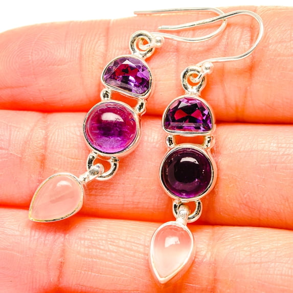 Amethyst, Rose Quartz Earrings 1 7/8" (925 Sterling Silver) - Handmade Boho Vintage Jewelry EARR430567