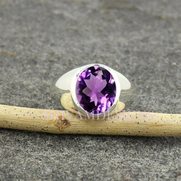 Amethyst Signet Ring, Mens Signet Amethyst Ring, Sterling Silver Ring, Anniversary Rings for Men, Wedding Men's Ring