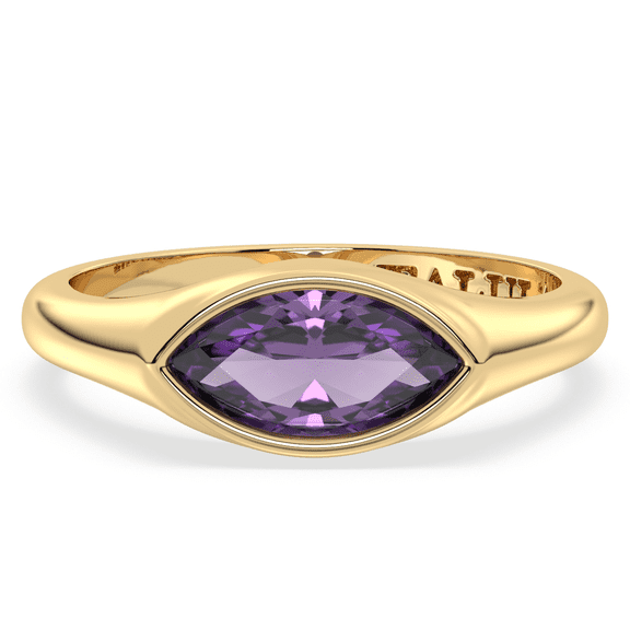 Amethyst Solitaire Ring – Marquise Cut Bezel Set Gemstone in 14K Gold Plated 925 Sterling Silver | US 5