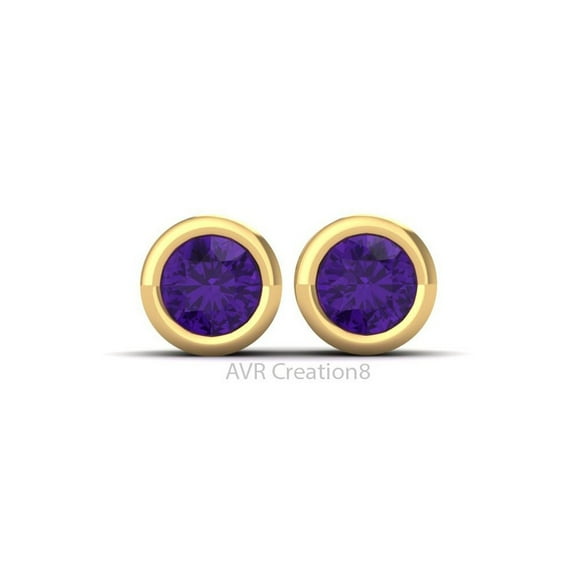 Amethyst Stud Earrings, Mini Bezel Set Earrings, 14K Yellow Gold Plated, February Birthstone Gift