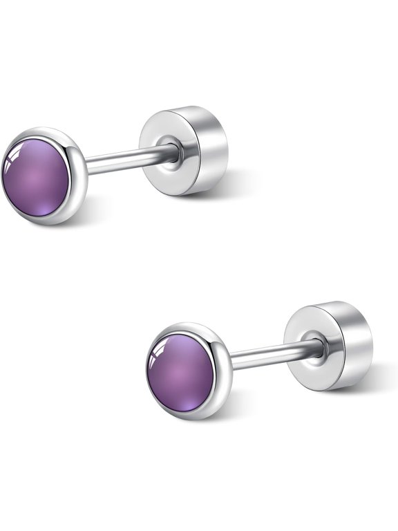 Amethyst Stud Earrings Top 3MM/4MM/5MM Titanium Steel Flat Back Earrings for Women Hypoallergenic petite size Purple Studs Minimalist Dainty Jewelry Present[g855]