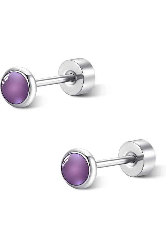 Amethyst Stud Earrings Top 3MM/4MM/5MM Titanium Steel Flat Back Earrings for Women Hypoallergenic petite size Purple Studs Minimalist Dainty Jewelry Present[g855]
