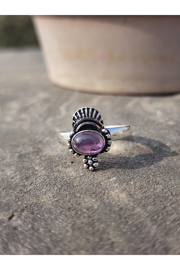 Amethyst Sunburst Sterling Silver Ring Boho February Birthstone