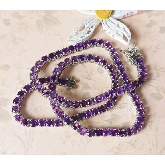 Amethyst Tennis Necklace 925 Sterling Silver, Round 4 mm Amethyst gemstone Necklace, Wedding Necklace, Birthstone Necklace, Gift for her,