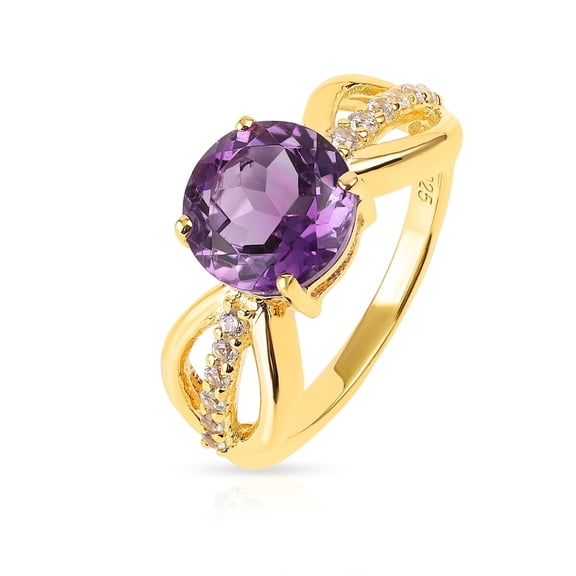 Gemshiner Natural Amethyst & White Zircon Round Cut Infinity Ring in 925 Silver (Yellow Gold)