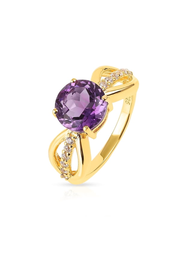 Natural Amethyst & White Zircon Round Cut Infinity Ring in 925 Silver (Yellow Gold)