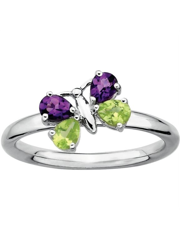 Amethyst and Peridot Sterling Silver Butterfly Ring
