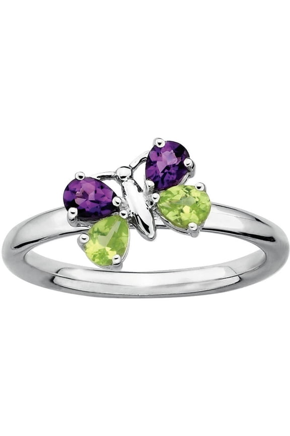 Amethyst and Peridot Sterling Silver Butterfly Ring