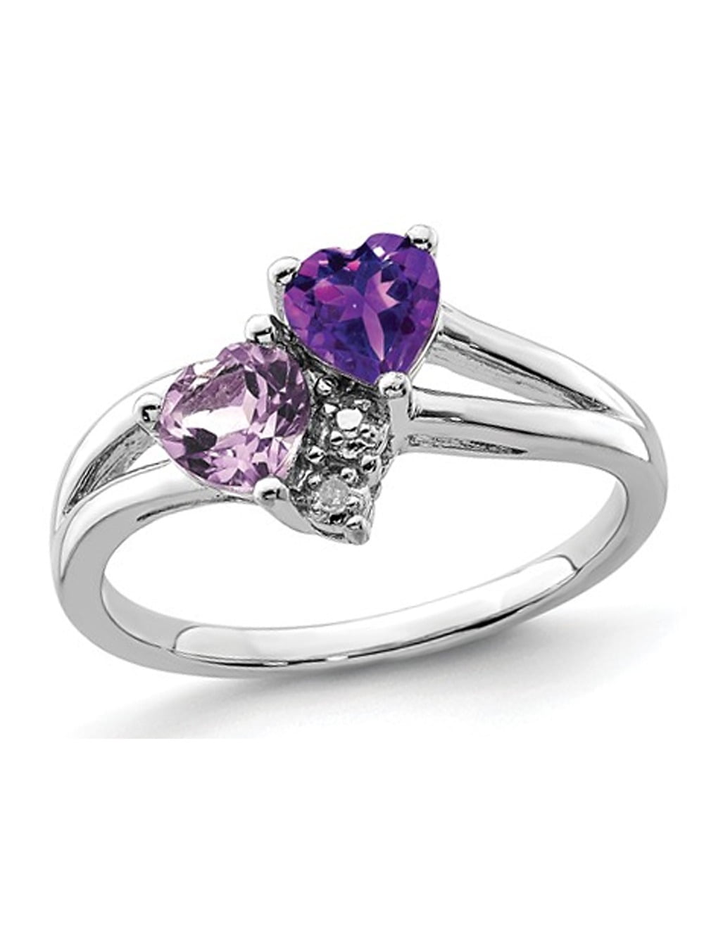 Sterling Silver Amethyst & Pink Quartz & Diamond Double Heart Ring Sterling Silver Amethyst & Pink Quartz & Diamond Double Heart Ring
