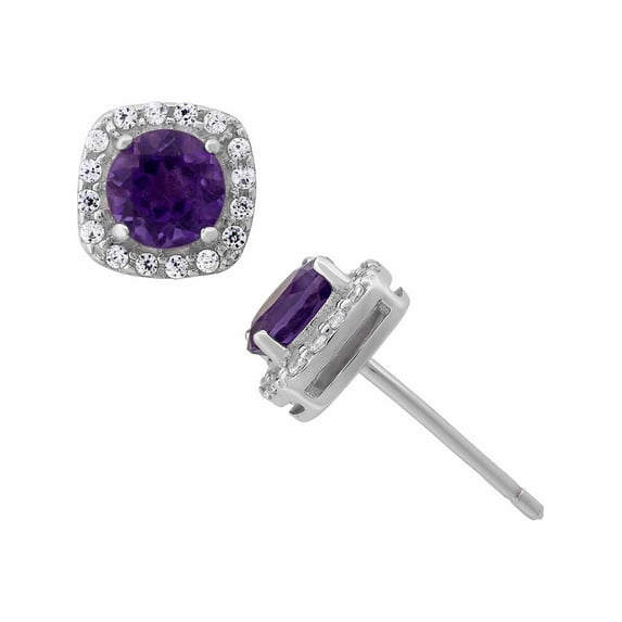 Amethyst and White CZ Sterling Silver Round Halo 5mm Stud Earrings