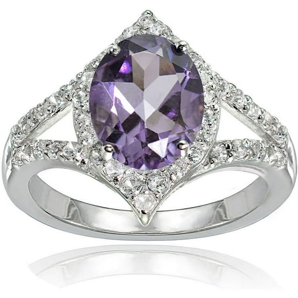 Amethyst and White Topaz Sterling Silver Oval Fashion Split Shank Ring ...