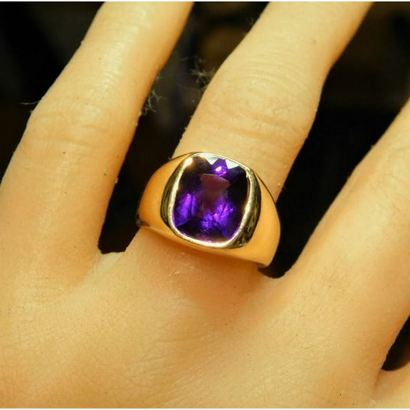 Amethyst purple stone ring in sterling silver, amethyst gemstone statement ring for men, Rectangle cut stone ring for dad, Wedding men rings