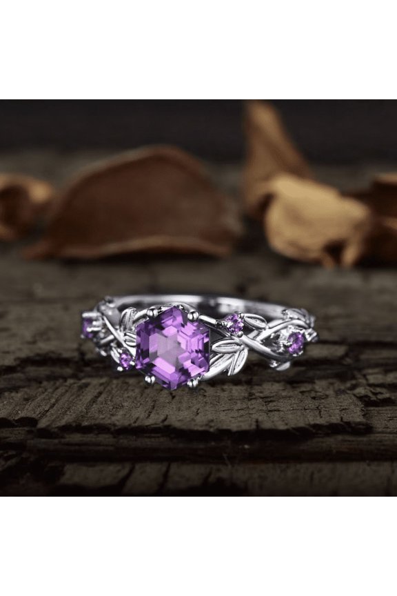 Amethyst ring vintage hexagon cut Amethyst engagement ring 14k white gold leaf ring twisted wedding ring women February birthstone ring gift