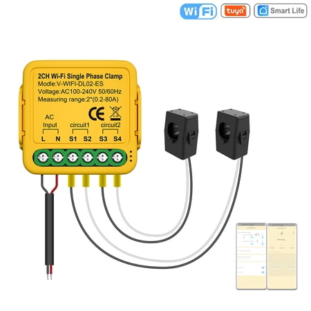 Ametoys WiFi On-off Controller 80A Energy Meter Current Transformer Clamp KWh Electricity Statistics Device Compatible Home for Voice Control