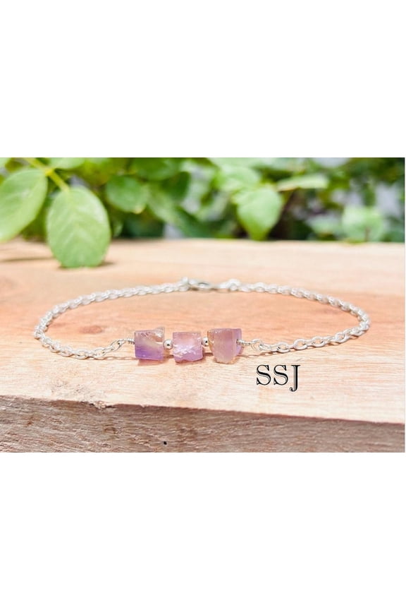 Ametrine 7-8mm Tumble Shape Rough Cut Beads 7 inch Silver Plated Clasp Bracelet for men, women, unisex. Link Chain Stacking Bracelet.|LINK_00498