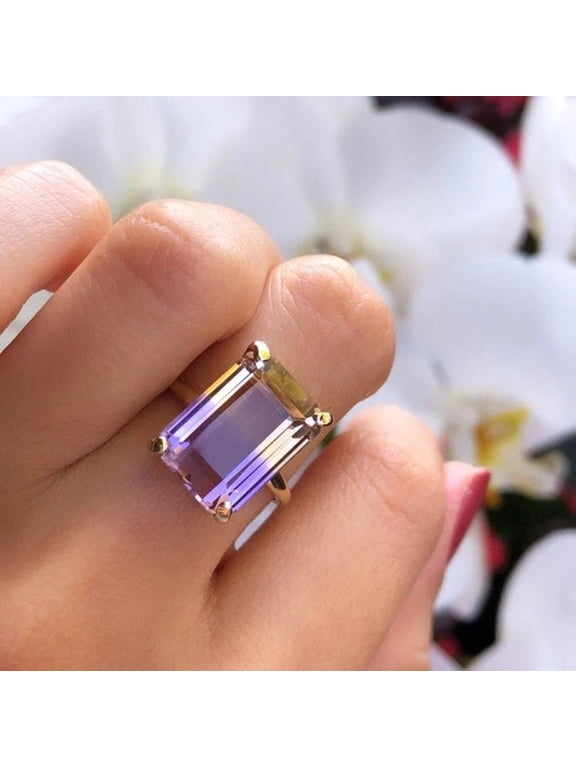 Ametrine Ring - 92.5 Sterling Silver gold plated Gemstone Ring, Emerald Cut Ametrine Solitaire, Citrine & Amethyst Valentine Gift for Her, Wedding Ring.
