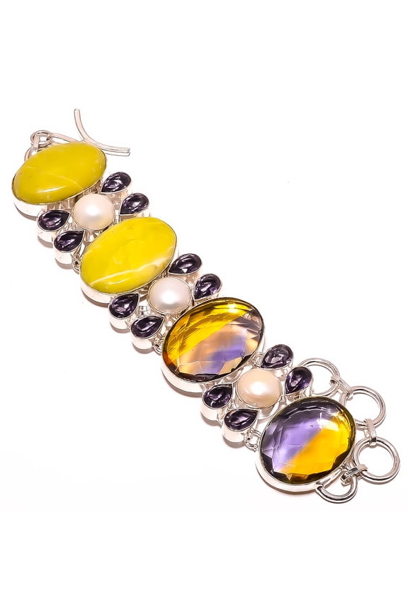 Ametrine & Serpentine 925 Sterling Silver Bracelet 7-7.99" T7510-457, Gemstone Silver Jewelry, New Year Sale, Valentin's Day Gift