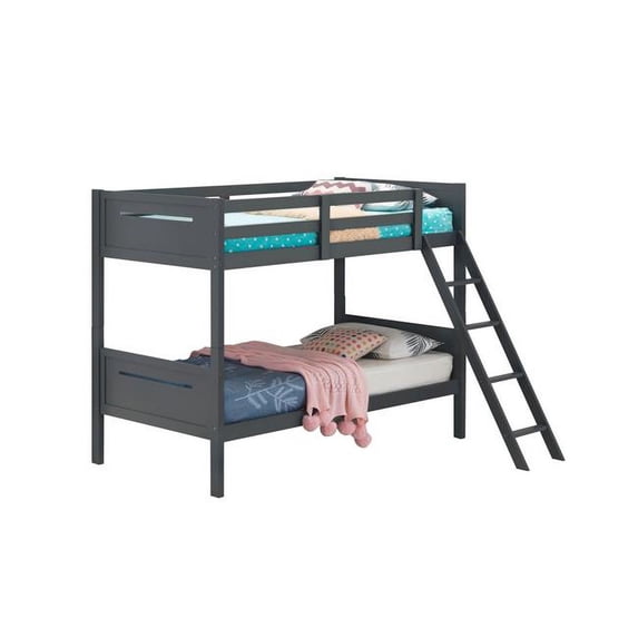 Amey Wood Twin Size Bunk Bed with Angled Ladder, Guardrail & Slat Kit, Gray