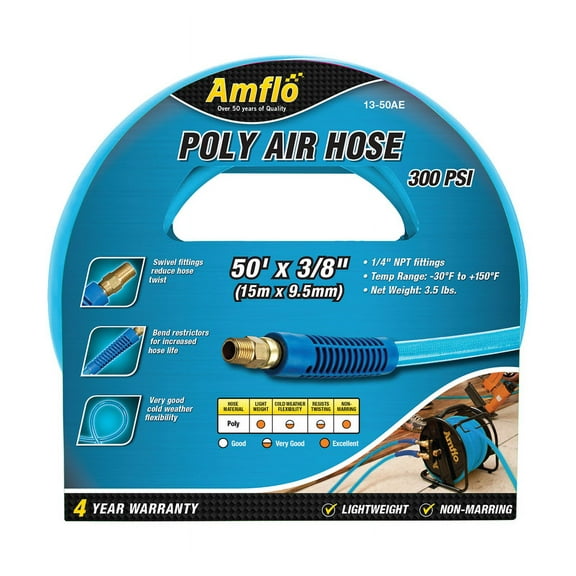 Amflo 13-50AE Air Hose, 3/8 in OD, 50 ft L, MNPT, 300 psi Pressure, Polyurethane, Blue