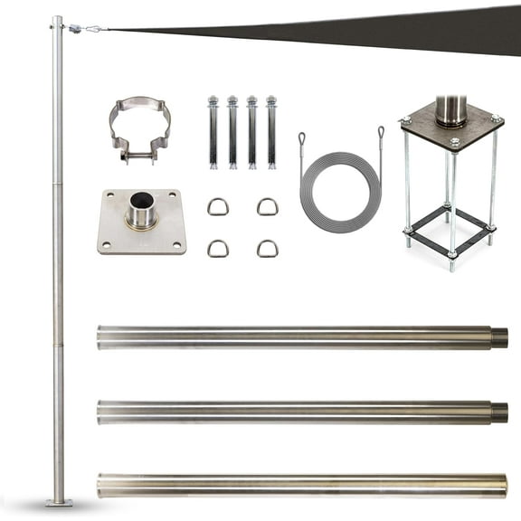 Amgo 12ft Stainless Steel Pole, Heavy Duty With Base Plate & Height Adjustable Mounting Clamp R - Easy Installation Shade Sail Canopy Post, Fence Post, Flagpole, Sign Post - Outdoor, Garden, Backyard