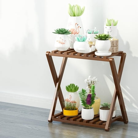 Amgo Brown 20 Inch 2-Tier Installable Bamboo Plant Stand, 2 Tier Cross Bamboo Rack, Multipurpose Display Shelf Folding, Floor Type Indoor Plant Rack, Flower Shelf For Yard Garden Patio Balcony