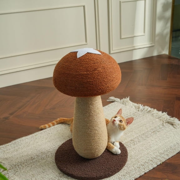 Amgo Brown Adorable Mushroom Cat Scratching Post, Cat Toys for Indoor Cats with Durable Sisal Rope for Cat Scratcher, Cozy Plush Base