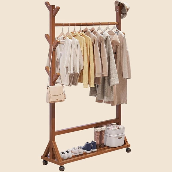 Amgo Brown Bamboo Rolling Clothing Rack with Wheels, 24" L - Portable Garment Hanger for Bedroom/Laundry