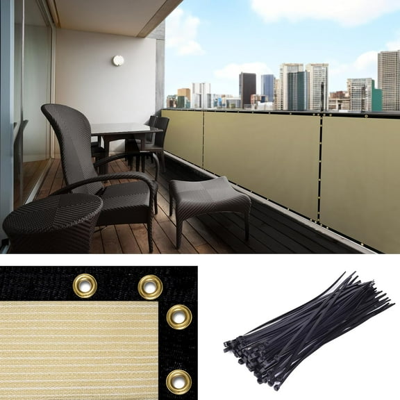 Amgo Custom Made 3' x 68' Beige Balcony Privacy Screen, Apartment Porch Railing Patio Fence Windscreen Fabric Cloth, Heavy Duty, Commercial and Residential, 90% Blockage (We Customize)