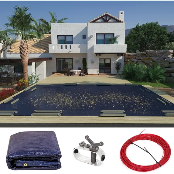 Amgo Custom Size 9' x 24' Premium Rectangle Navy Blue Winter Swimming Pool Cover Tarp Safety Heavy Duty, Waterproof, UV Resistant (Cover Size: 13' x 28' / 4 ft. Overlap) - (We Make Custom Size)