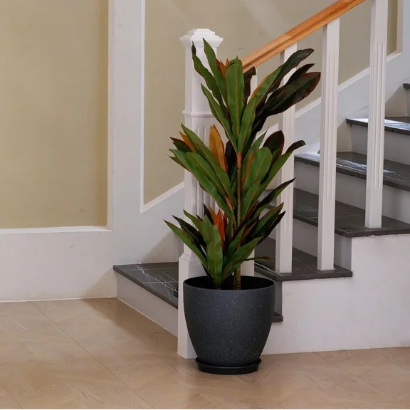 Amgo Dark Grey Large Simulated Stone Plastic Planter - 14" H, Drainage Holes & Saucers - Indoor/Outdoor