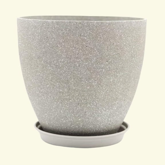 Amgo Light Grey Simulated Stone Resin Planter - 11.8" H, Drainage Holes & Tray - For Plants/Flowers