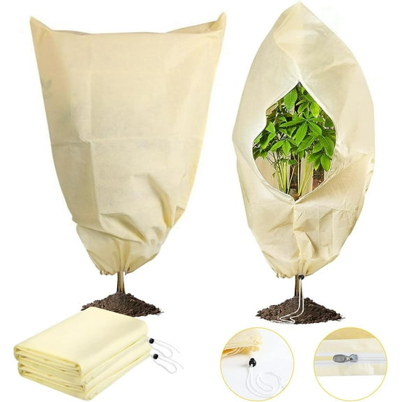 Amgo Plant Covers Freeze Protection Beige 4 Packs 23.6" W x 31.5" H Shrub Covers with Zipper and Drawstring, Frost Cloth for Winter, Outdoor Plant Blankets for Cold Weather