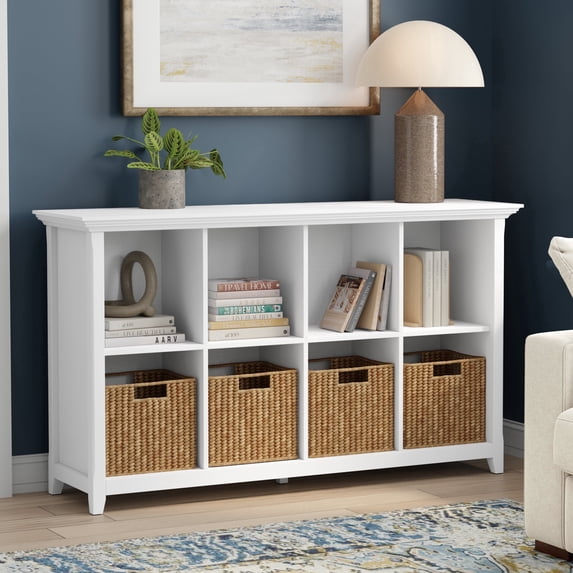 Simpli Home Amherst 57 inch Wide Solid Wood Transitional 8 Cube Storage Sofa Table in White