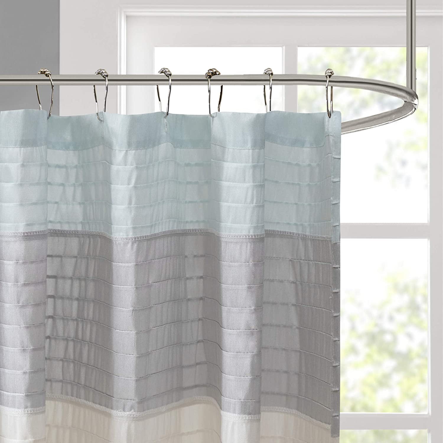 Aqua and Gray Faux Silk Striped Shower Curtain