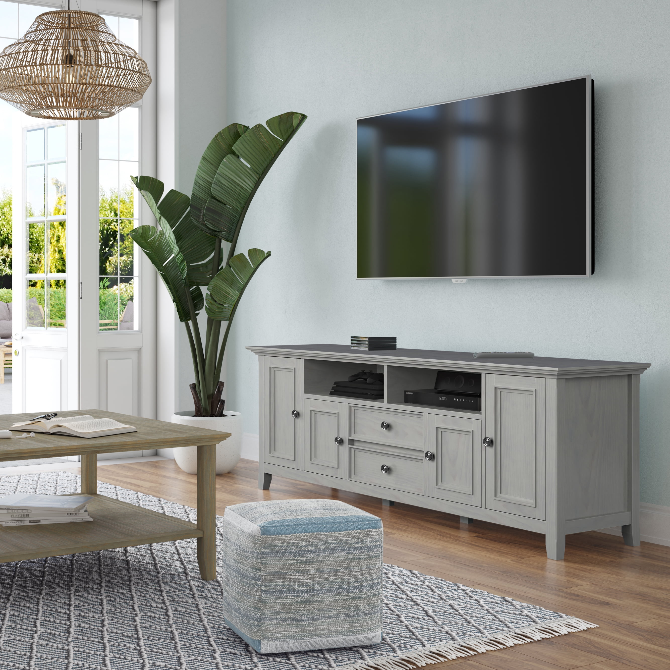 Fog Grey Solid Wood 72" Traditional TV Media Stand with Cabinets