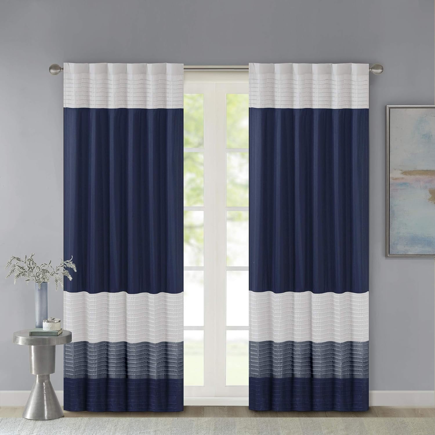 Navy and White Faux Silk Light-Filtering Drapes