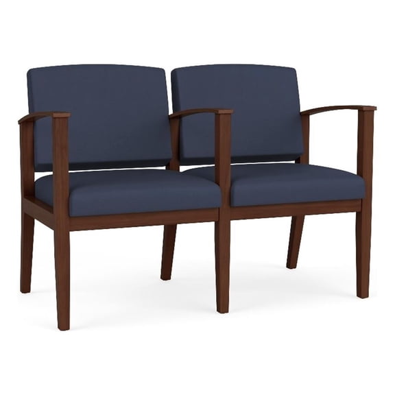 Amherst Wood Reception Waiting 2 Seat Tandem Seating / Walnut Wood / Blue
