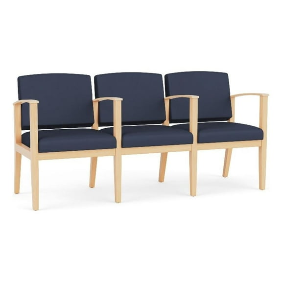 Amherst Wood Reception Waiting 3 Seat Tandem Seating / Natural Wood / Blue