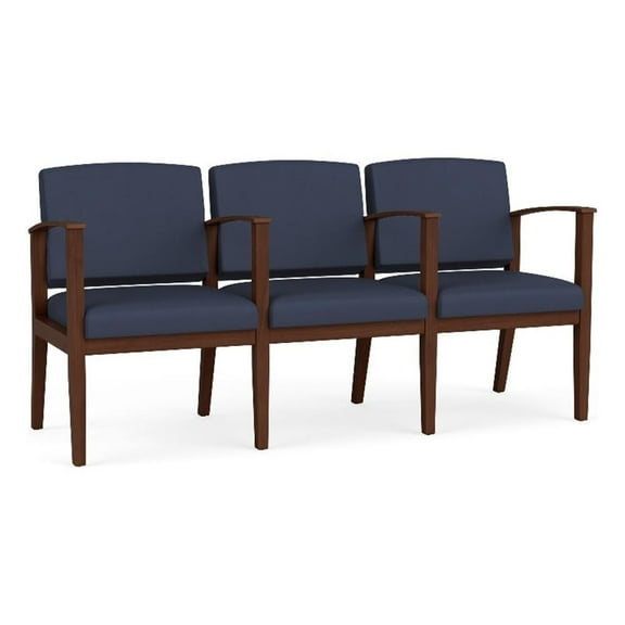 Amherst Wood Reception Waiting 3 Seat Tandem Seating / Walnut Wood / Blue