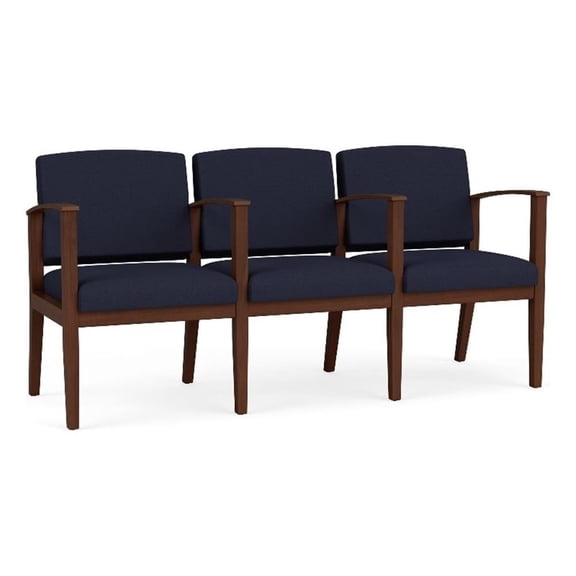 Amherst Wood Reception Waiting 3 Seat Tandem Seating / Walnut Wood / Navy Blue