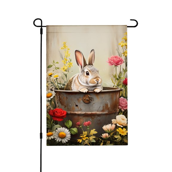 Amhnf Bunny In Rustic Bucket With Flowers Garden Flag For Home Outdoor Garden Yard Decor 12x18 inch