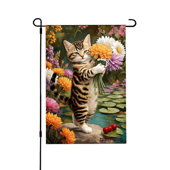 Amhnf Cat Holding Flowers In Garden Scene Linen Garden Flag For Home Outdoor Garden Yard Decor 12x18 inch